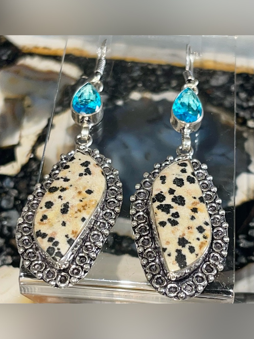 Dalmatian Jasper Stone Crystal Earrings 3”